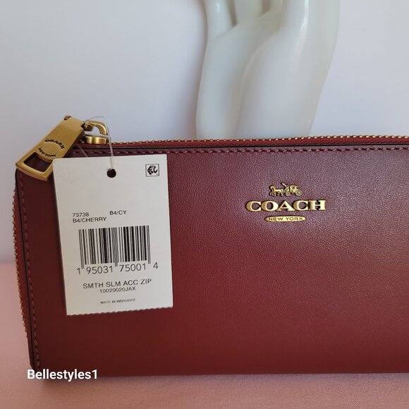 COACH Slim Accordion Smooth Calf Leather Zip-Around Wallet- Cherry color ⭐ - Picture 16 of 16